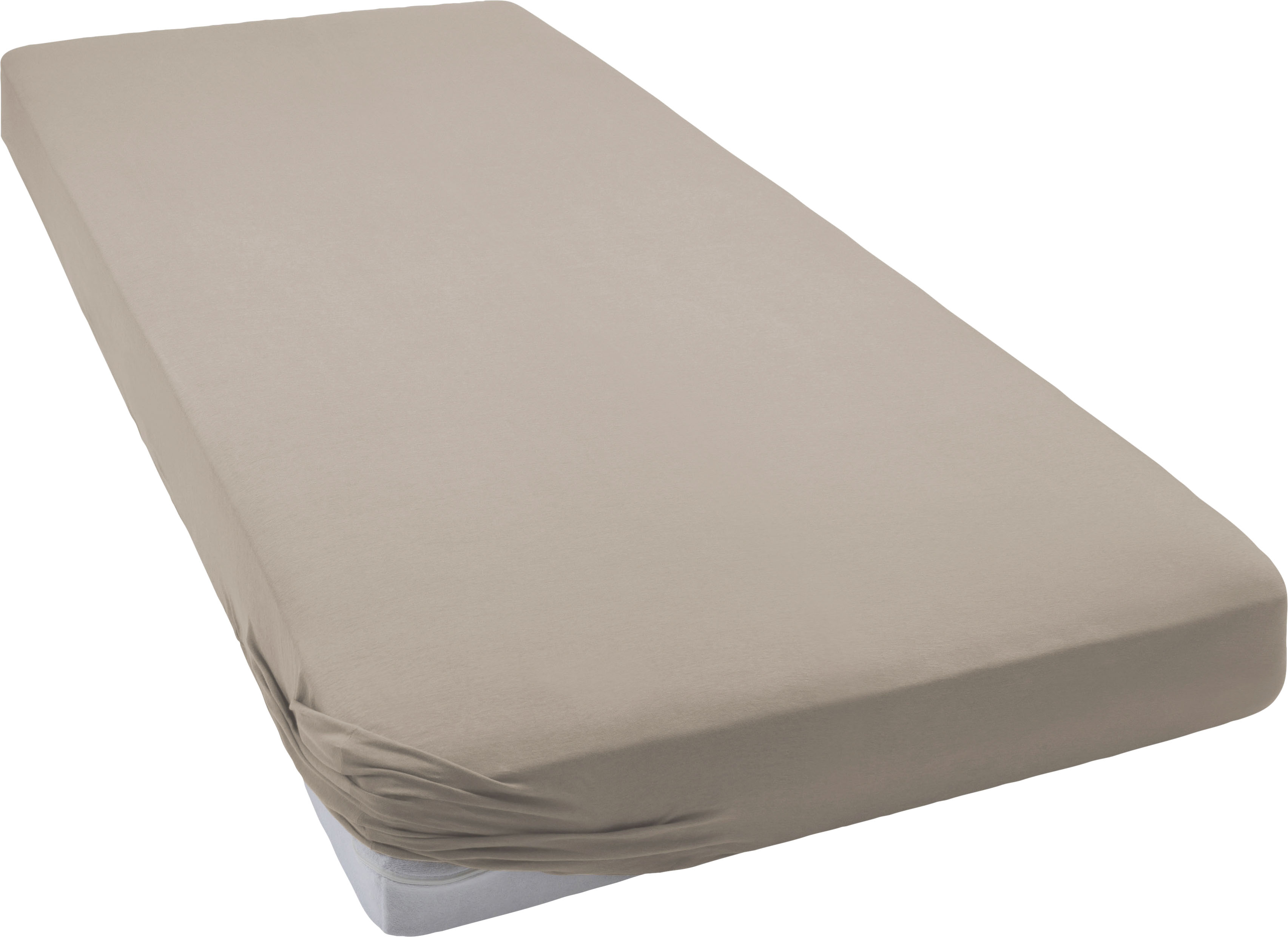 Spannbettlaken BELLANA "bellana Luxuszwirn mit Elasthan, Jersey 175 g/m², faltenfrei", grau (taupe), 1 Stk., Jersey, 140x200 140x210 140x220 150x200 150x210 150x220 160x200 160x210 160x220 35cm, Jersey, Obermaterial: 97% Baumwolle, 3% Elasthan,... Image