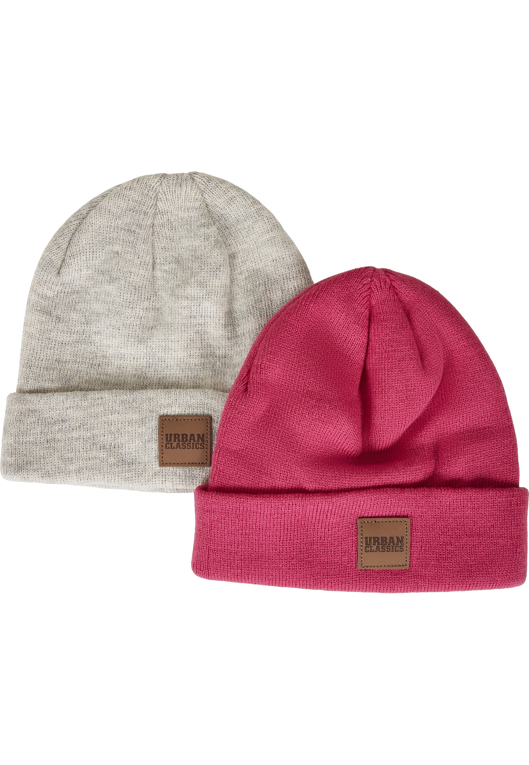 Beanie URBAN CLASSICS "Urban Classics Damen Logopatch Beanie Kids 2-Pack", Kinder, Gr. 110/116, pink, heatherweiß, Kunstfaser, Mützen Beanie Image