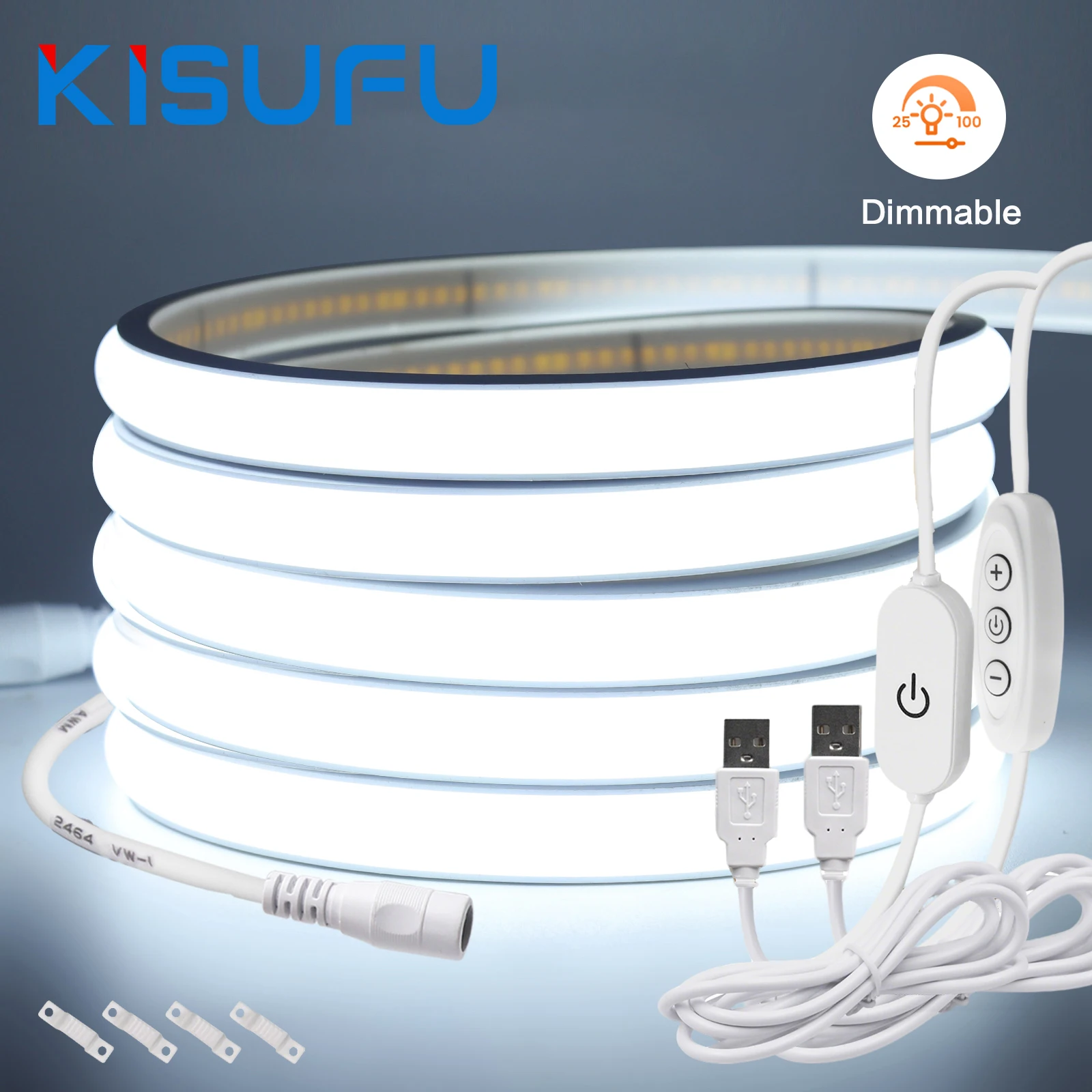 Striscia LED Neon COB 5V Dimmerabile con Sensore Touch/Interruttore ON/OFF USB 320 LED/M IP68 Bianco Caldo/Naturale Retroilluminazione per Cucina e Stanza 1-5M