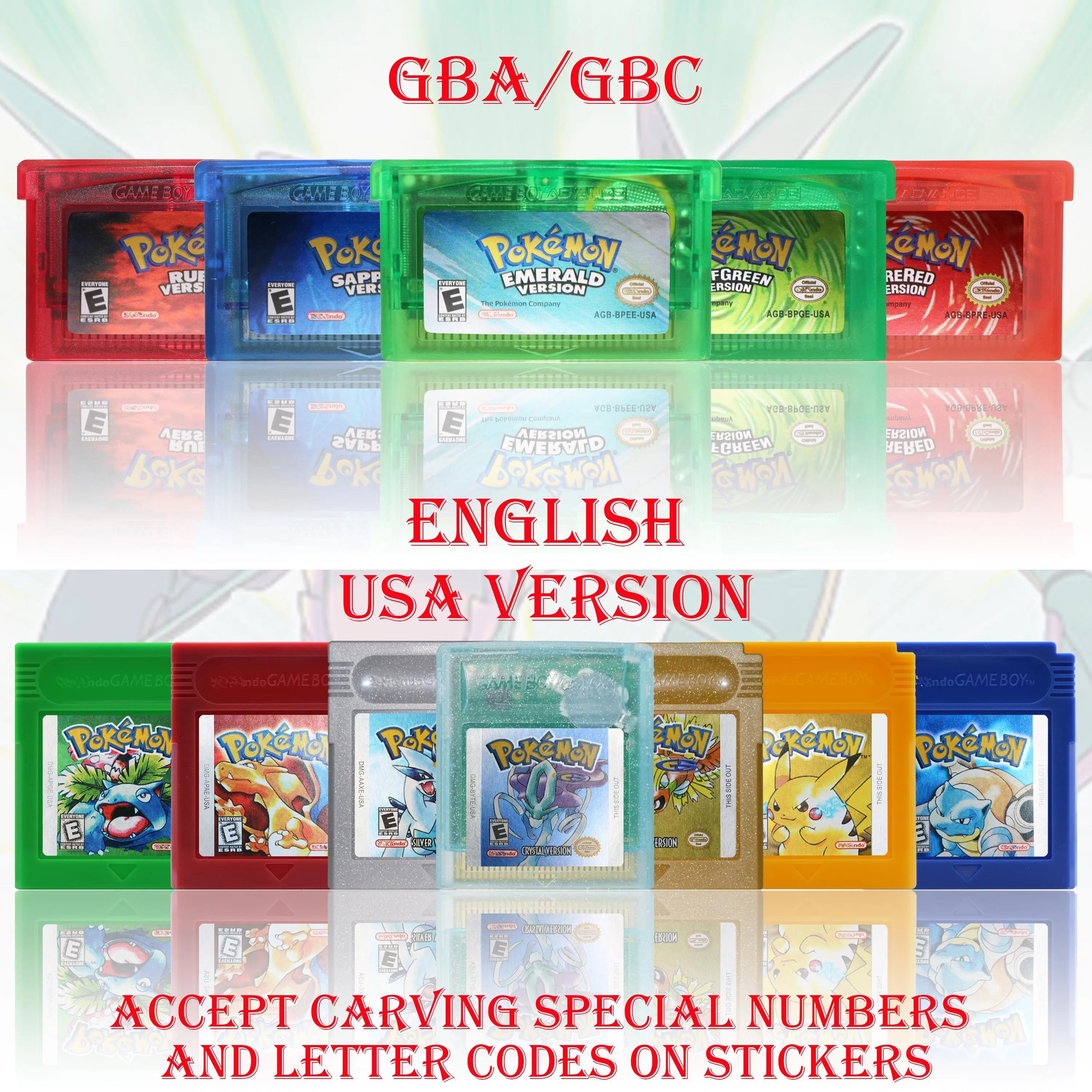 GBC/GBA USA Version Pokemon Blue/Crystal/Emerald/Fire Red/Leaf Green Game Cartridge Video Game Card High Quality with Battery