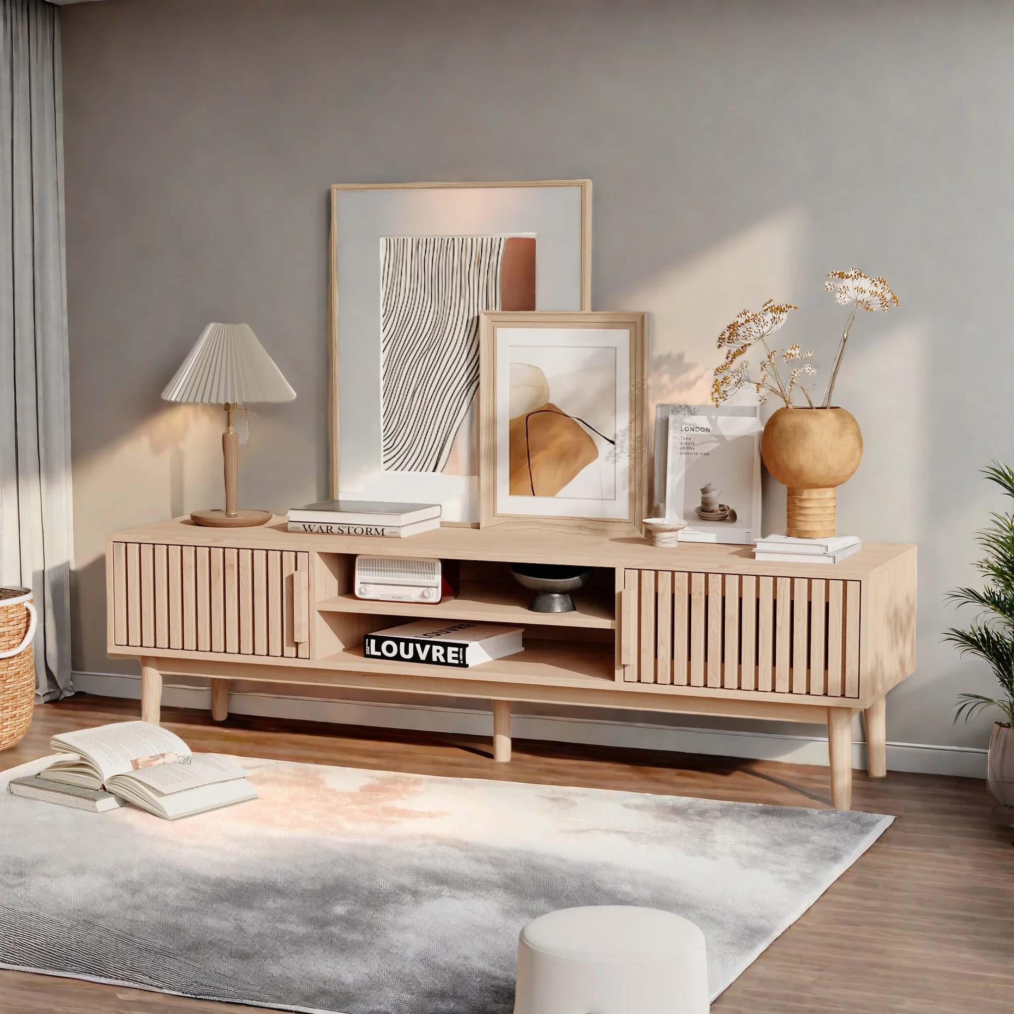 TV-Lowboard mit 2 Schiebetüren TV-Kommode aus Massivholz, 2 Verstellbare Regale, TV-Sideboard Image