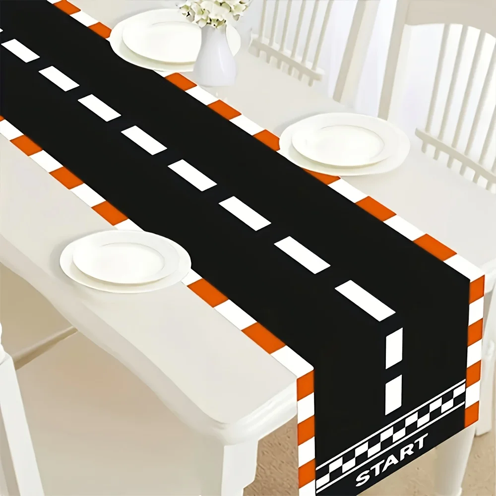 Schwarz-roter Tischläufer aus Polyester mit Rennstrecken-Motiv, wiederverwendbarer Tischläufer für Küche und Esszimmer, Feiertags- und Partydekoration Image
