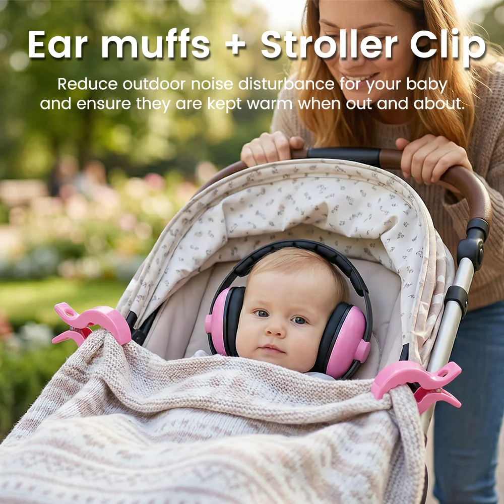 Baby-Ohrenschützer & Kinderwagen-Clips-Set – 25 dB Lärmreduzierung, verstellbarer & weicher Gehörschutz für Kleinkinder, hält das Baby warm & bequem Image