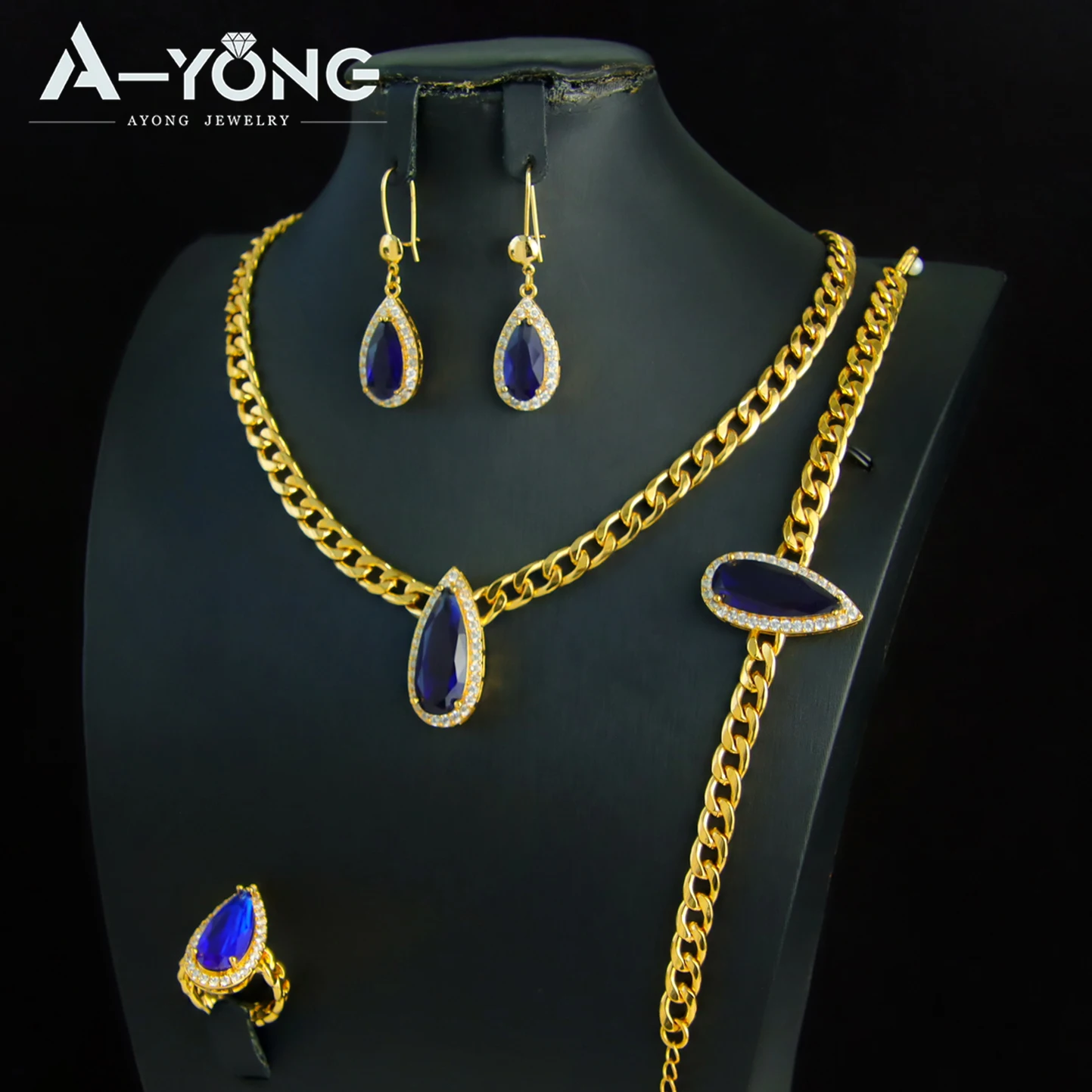 Nigeria-Hochzeitsschmuck-Set, 21 Karat vergoldet, mehrfarbig, Zirkonia, Wassertropfen-Anhänger, Halskette, Algerien, Brautschmuck im Vintage-Stil Image