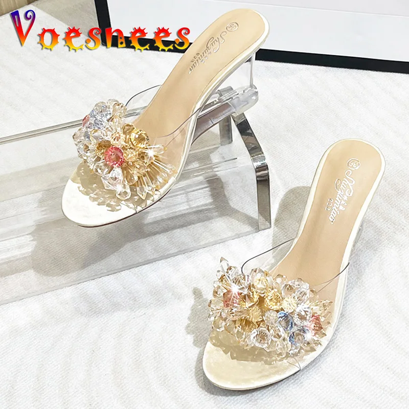 Frau Schuh 8CM Sommer Keil Sandalen 2022 Design Farbe Perle Blume Transparent Heels Frauen Kristall String Rhinesto Perle Hausschuhe
