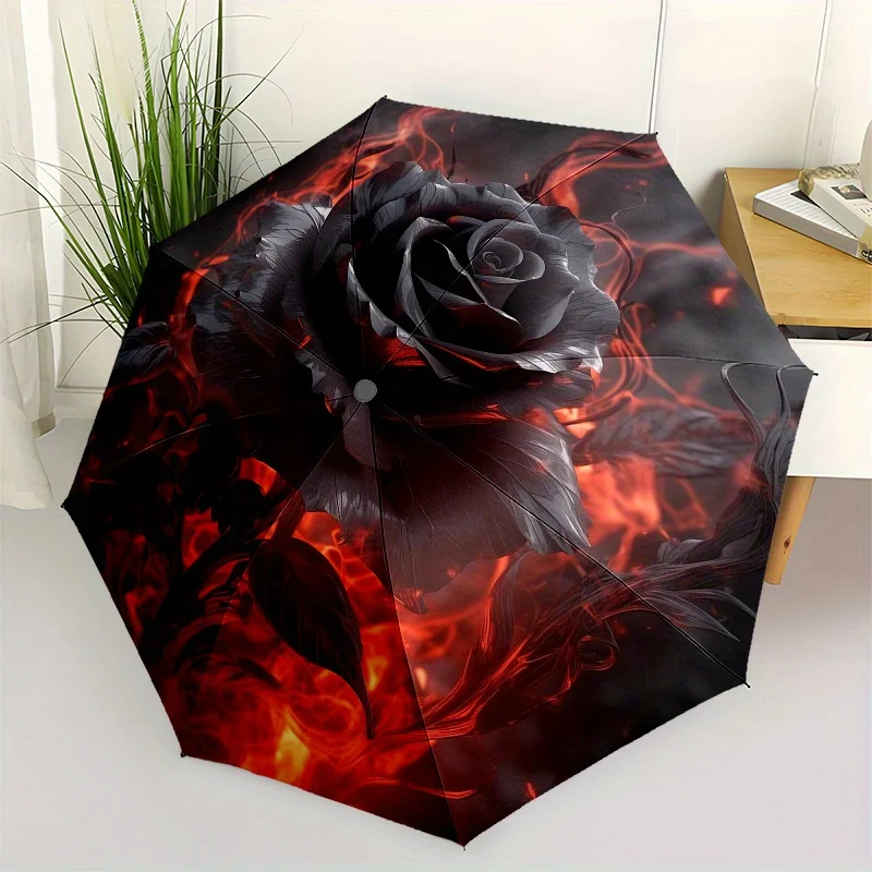 Flaming Black Rose Regenschirm - Automatisch öffnender/schließender kompakter Reiseschirm mit 8-Rippen-Rahmen, stilvolle rote & schwarze Rose Image