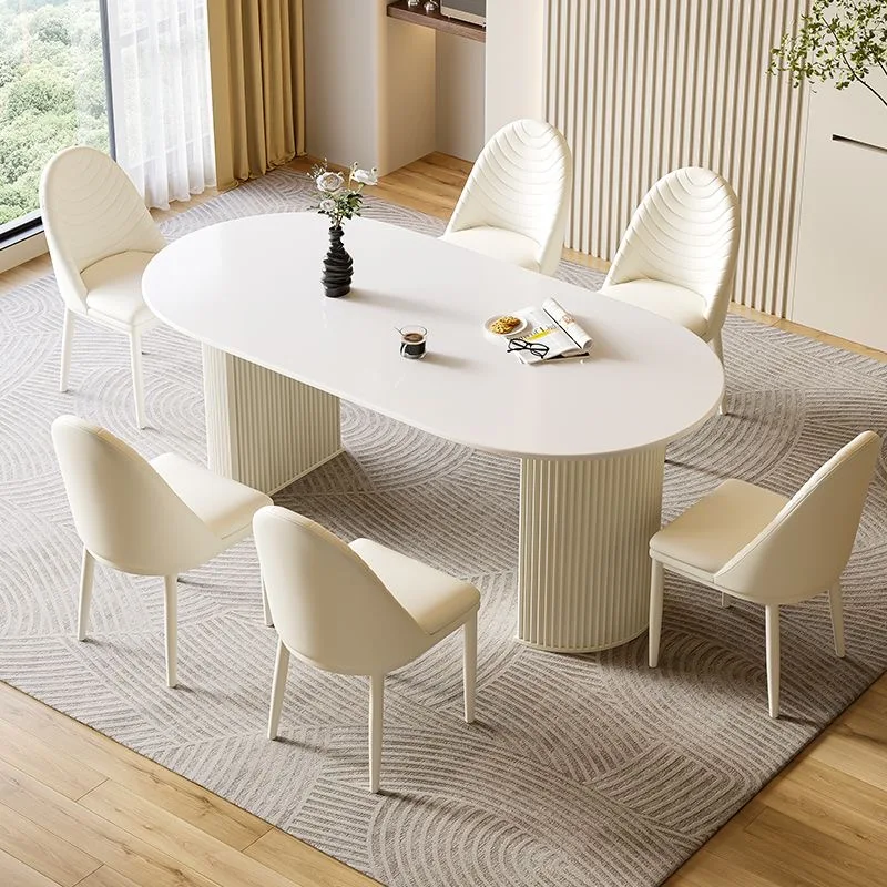 Modernes Luxus-Marmor-Esstisch-Set mit Stühlen für 4, 6, 8 Personen, Komplettes Restaurant-Set in Weiß-Creme, Steinmöbel im Landhausstil