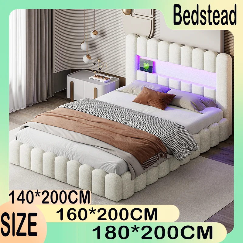 Anajqaqia Beige Leinen-Stammbett, USB-Ladefunktion, mit LED-Licht und Gasfeder (Matratze Nicht Enthalten). Image