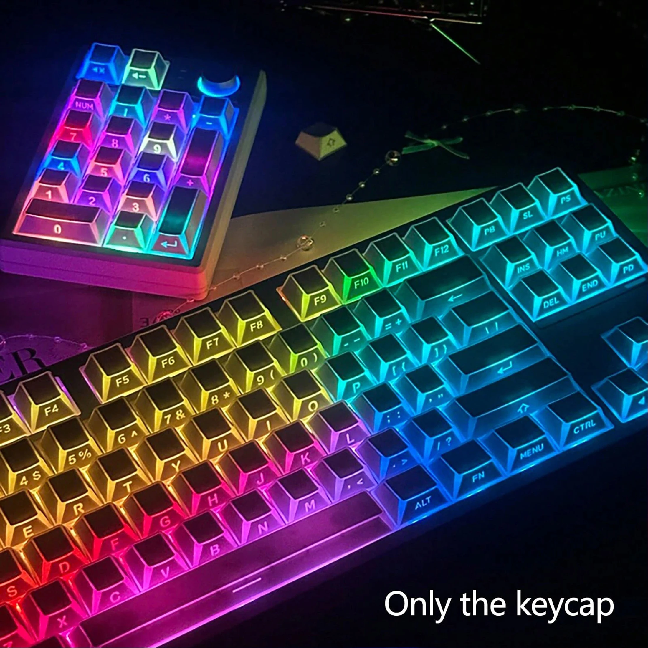 Weiß leuchtende Tastenkappen, PBT-Tastatur-Tastenkappen mit Cherry-Outline, seitlich bedruckte Tastenkappen-Set, geeignet für 60%, 65%, 75%, 80%, 100% Tastaturen. Image