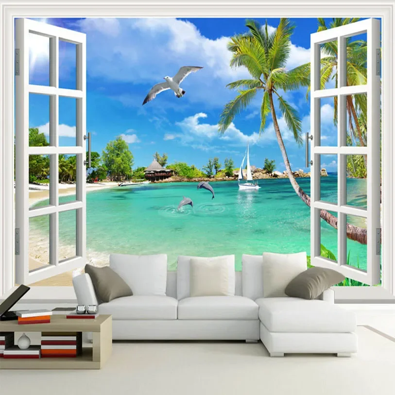 Benutzerdefinierte 3D Foto Tapete Fenster Strand Landschaft Schlafzimmer Wohnzimmer Sofa TV Hintergrund Wandverkleidung Wandbild Tapete für Wände 3D
