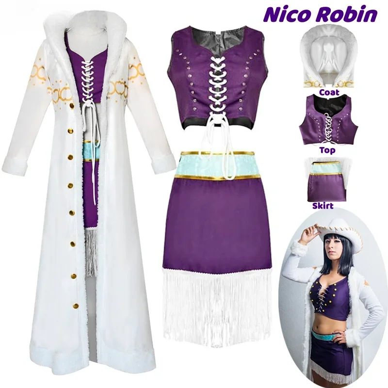 Nico Robin Cosplay Kostüm Anime One Piece Lila Kleid Uniform Langer Pelzkragen Weißer Umhang Punk Outfit Halloween für Erwachsene