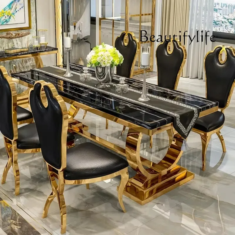 Luxus-Esstisch für Restaurant, Restaurant, Gold, Weiß, Edelstahl, Marmor, Glas, nur Esstisch, kein Stuhl
