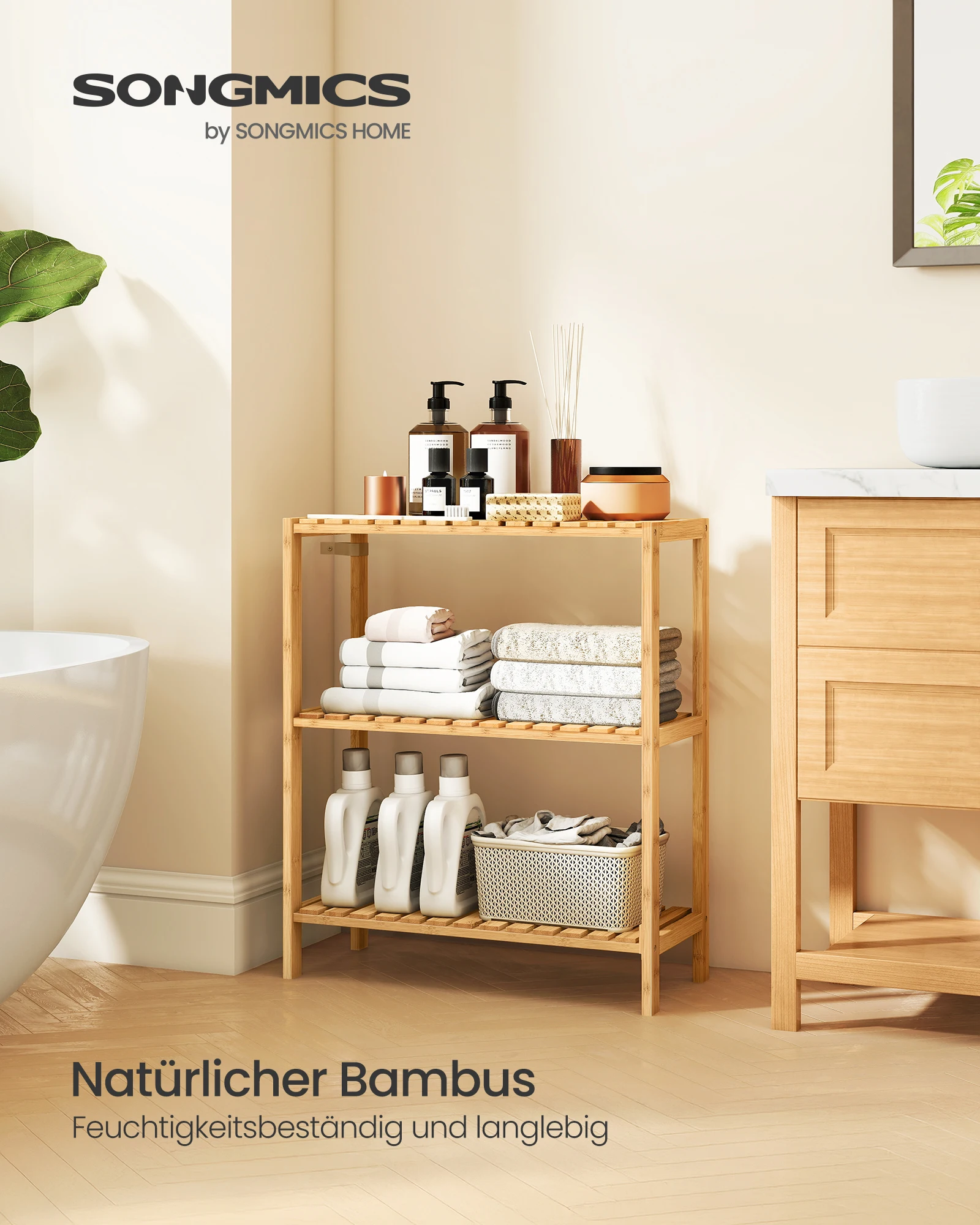 SONGMICS 3 Ablagen Badregal Badezimmerregal Küchenregal Schuhregal Standregal Bambus Regal 59 x 26 x 66cm Image