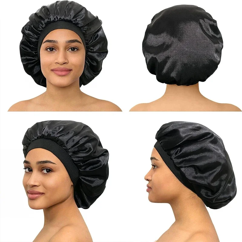 1 großes Satin-Stirnband, Seiden-Stirnband zum Schlafen, Schlafmütze mit elastischem, weichem Band, Haarpflege-Duschhaube für Damen Image