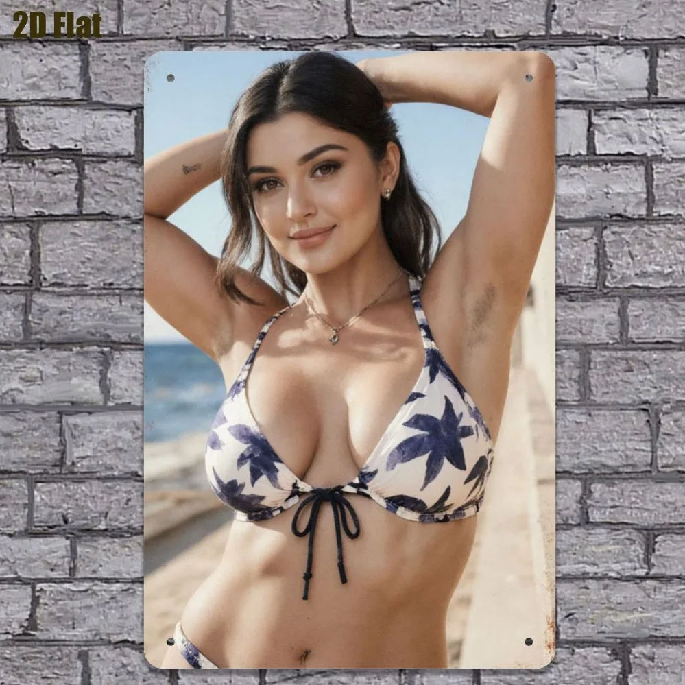 Vintage Metall-Wandkunst - Weißes Bikini-Design mit schwarzer Schleife, ausgestreckten Armen und Halskette, Strandthema, Heim- und Bürodekoration für B Image