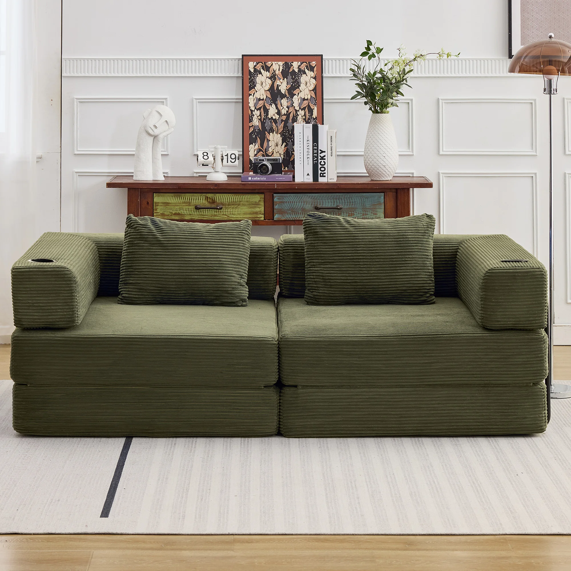 Olive 2-Sitzer Schlafsofa, Konvertierbares Cord-Bodensofa Ohne Montagebedarf, Modulares Schlafsofa Weiches Loveseat-Sofa für Wohnzimmer