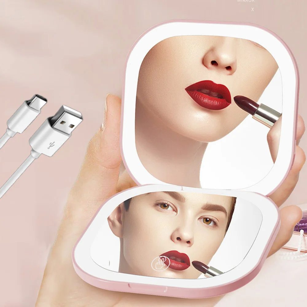 Mini LED Taschenspiegel Kompakter Beleuchteter Make-up-Spiegel Tragbarer Vergrößerungsspiegel Faltbar mit Licht Kleiner Tragbarer Kosmetikspiegel