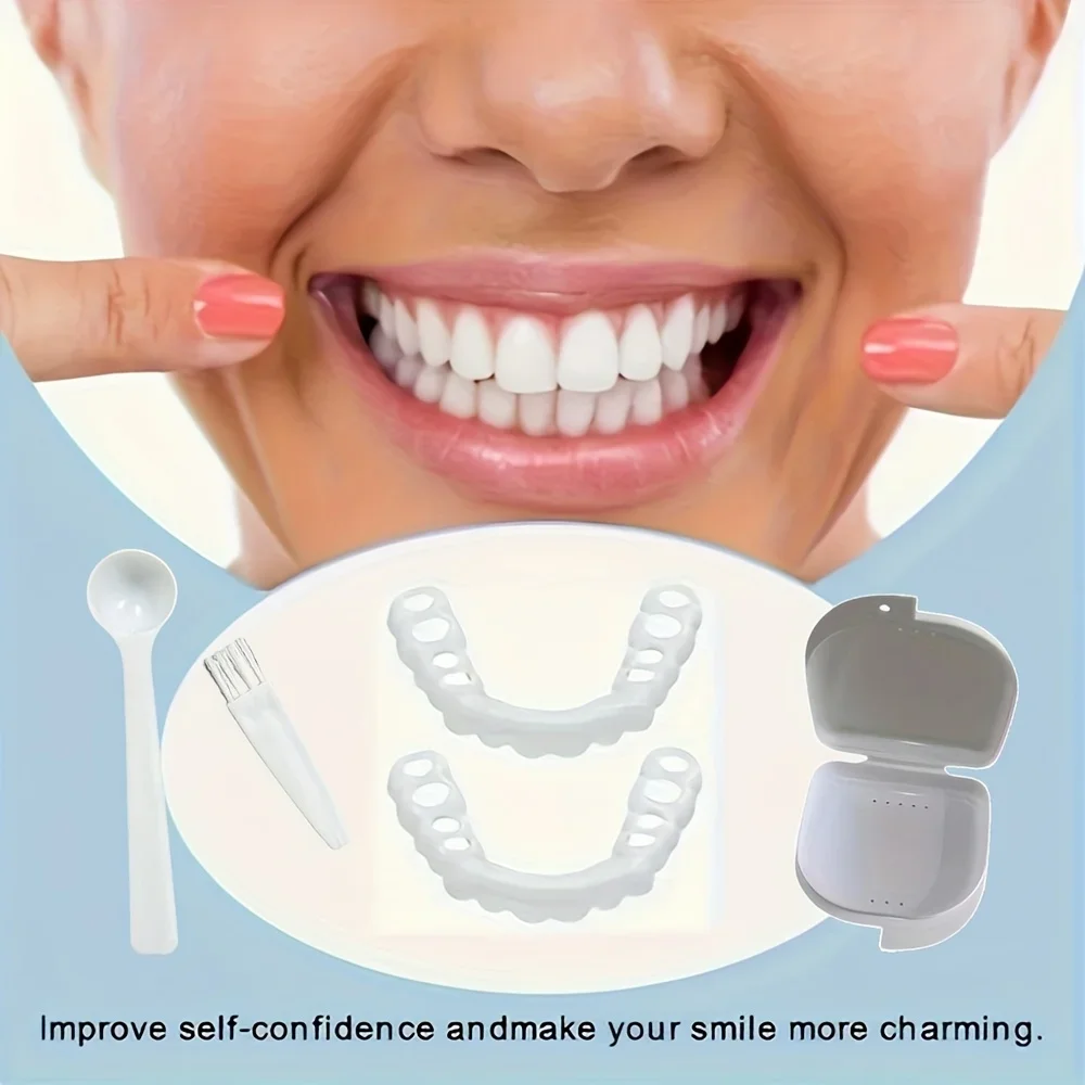 Unisex Flexible Weiße Zahn-Veneers, 1 Ober- und 1 Unterkiefer Komfort-Prothesenset mit Tragbarem Etui Image