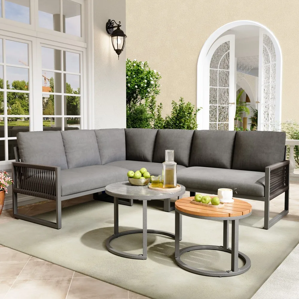 Garten-Lounge-Set für 6-7 Personen, Ecksofa mit Verzinktem Eisenrahmen, Verstellbare Beine, Inklusive Aller Sitz- und Rückenkissen