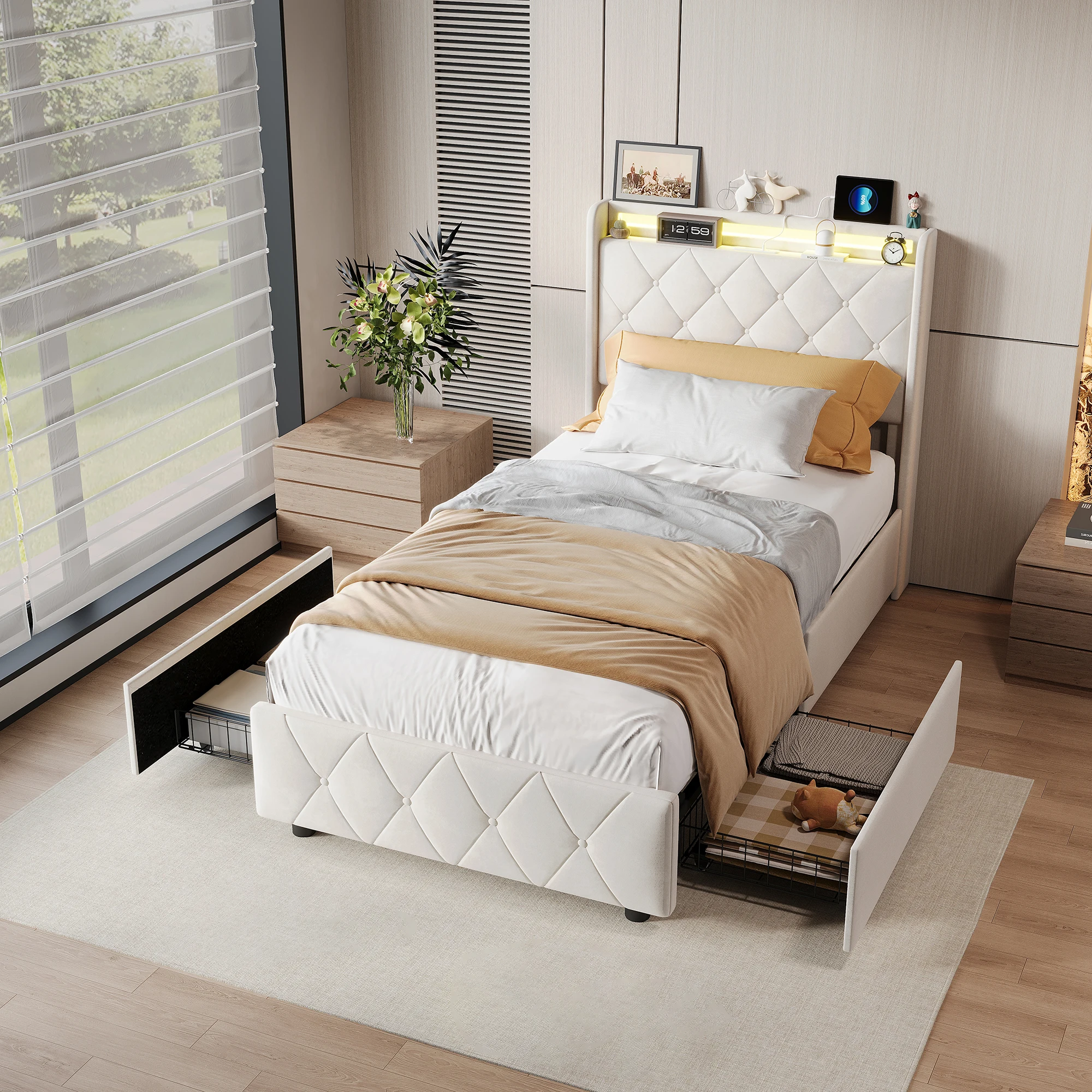 Comanlai 90/140/60X200 cm Einzelbett mit 2 Schubladen, Bettgestell, Doppelbett mit 4 Schubladen, Polsterbett, Jugendbett