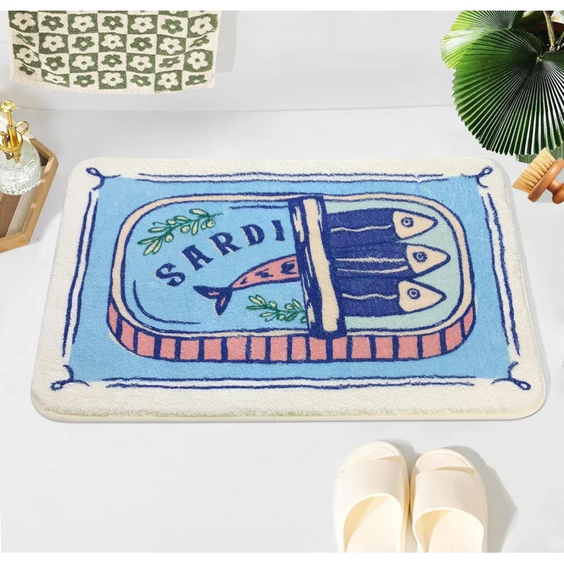 VIKAMA Badezimmerteppich mit Sardinen-Dosen-Motiv, kreativer weicher Bettvorleger für Schlafzimmer, rutschfeste, saugfähige Eingangstürmatte, Heimdekoration Image