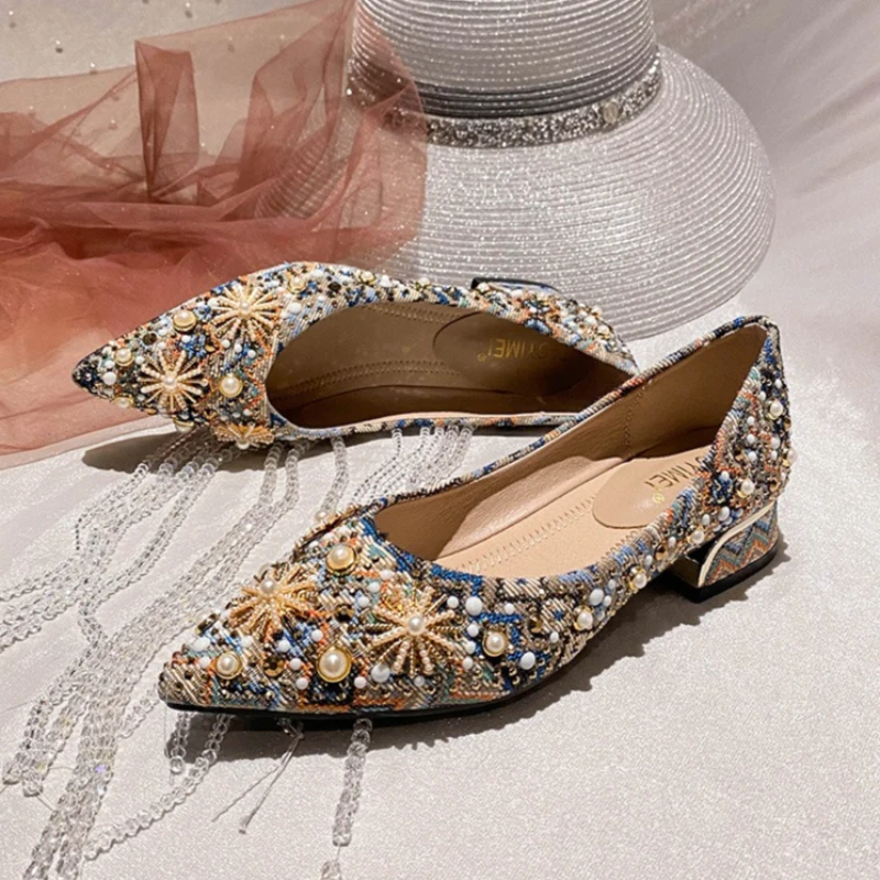Neue Damenschuhe Modische Pumps im Boho-Stil Strass-Nieten High Heels Schuhe Mädchen Elegante Abendschuhe