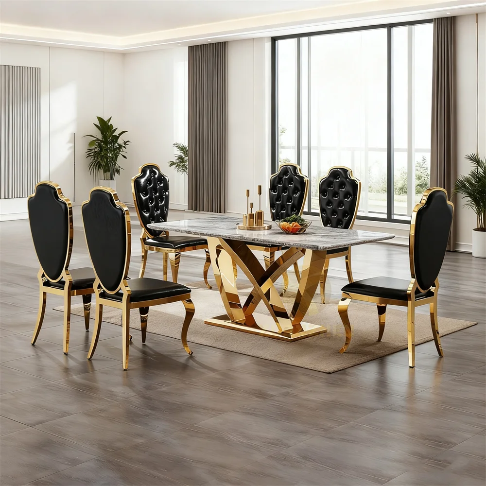# Modernes Esstisch-Set aus Kunstmarmor für 6 Personen, Esstisch-Set mit 6 Stühlen, luxuriöses Marmor-Design, Lieferzeit 35 Tage