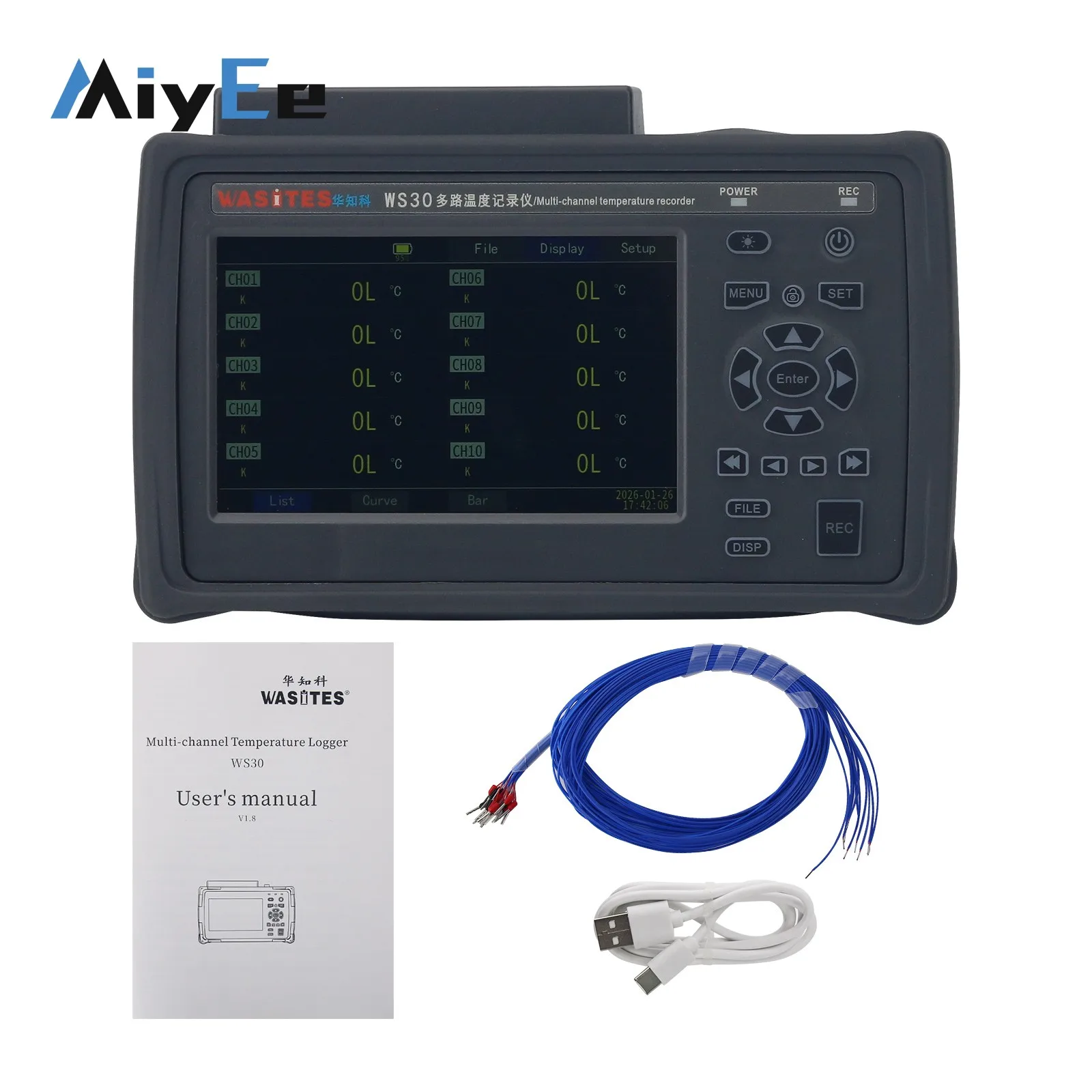 10-Kanal-Handheld-Mehrkanal-Temperaturrekorder unterstützt Thermoelement-Datenerfassung / Pt100 RTD-Spannung und Strom Image