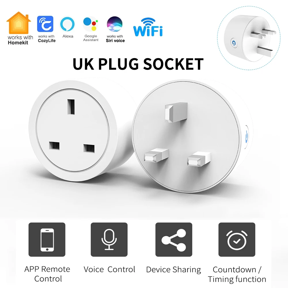 Intelligente Steckdose mit UK-Stecker, 20 A, HomeKit-Stecker, Sprachsteuerung über die Cozylife-Mobil-App, Ferngesteuerter Zeitschalter Image