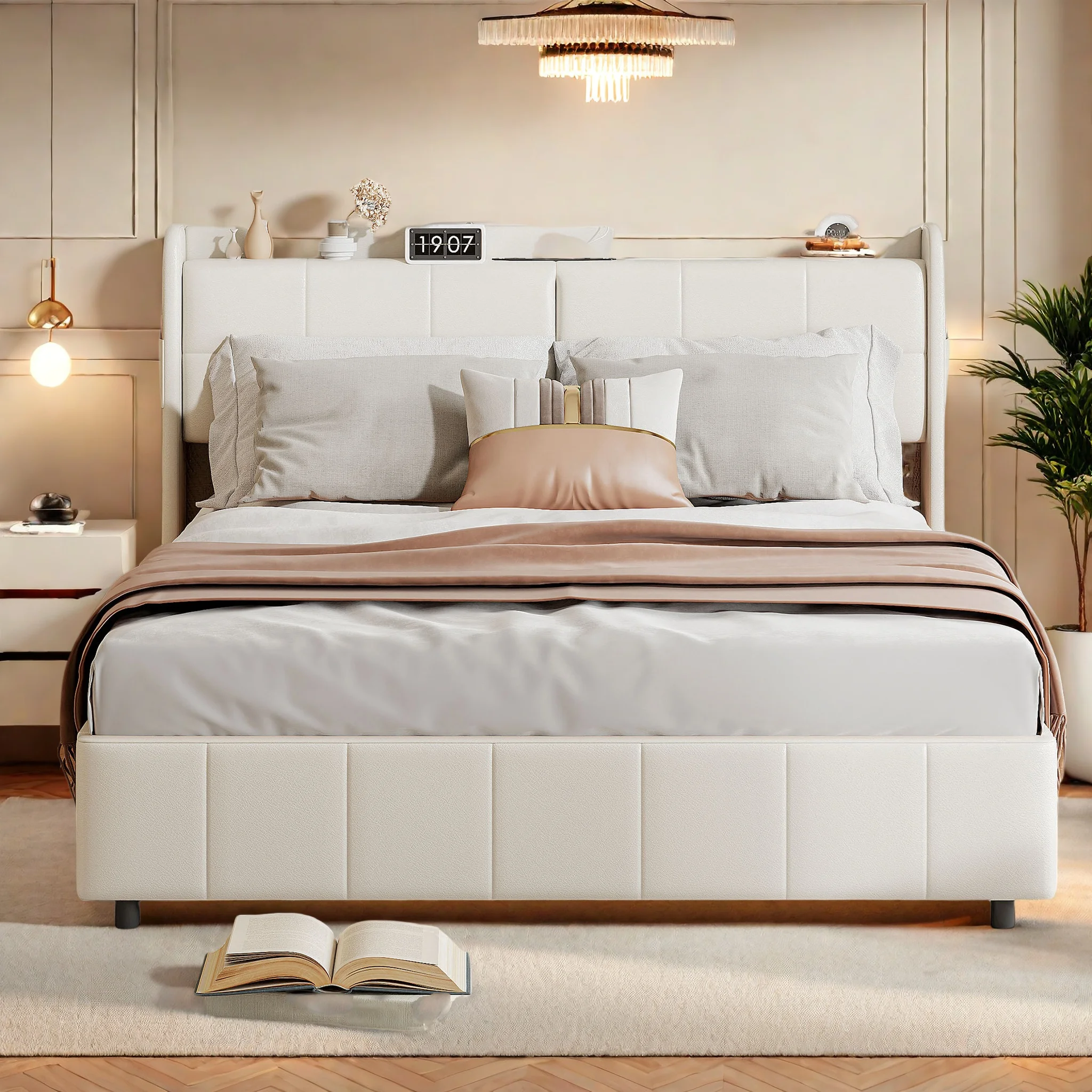 Comanlia 160x200cm Polsterbett, mit 4 Schubladen Stauraum und USB-Ladeanschluss, PU-Leder Kopfteil, Weiß Image