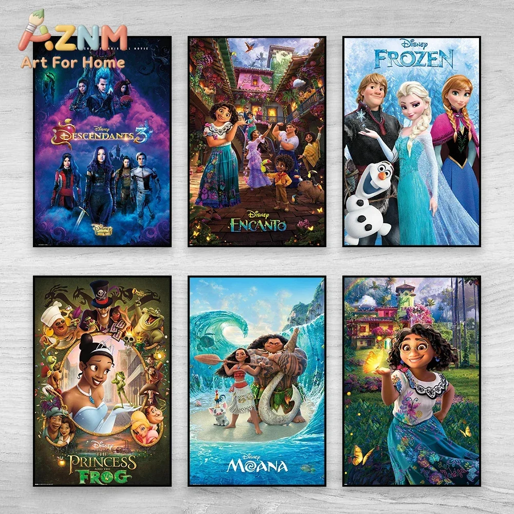 AZNM Disney Encanto Frozen Moana Princess and Frog Descendants Filmplakat, rahmenlose Leinwand-Wandkunst für Wohnzimmer, Schlafzimmer, Ki
