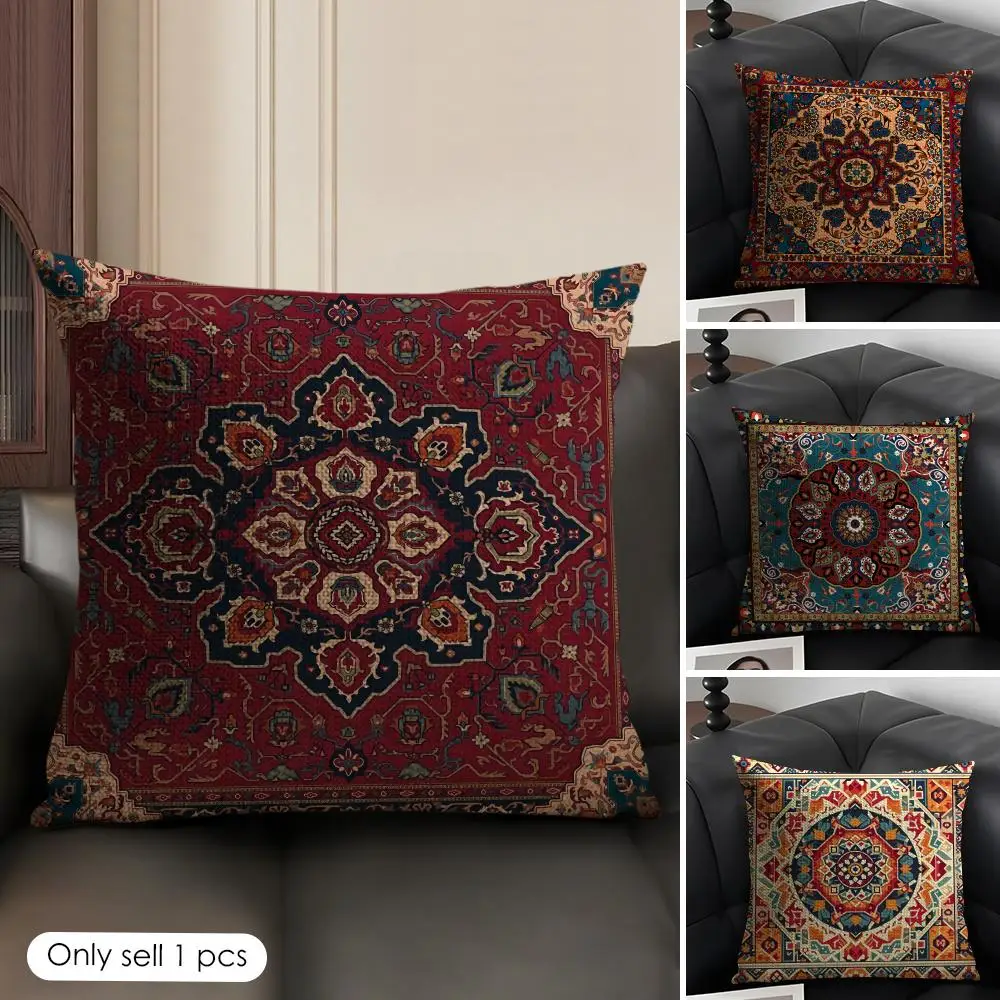 Böhmischer Kissenbezug mit Karomuster aus Natürlichem Leinen, Organischer Stoff mit Beidseitigem Druck, Sofa-Dekoration, Geschenk-Kissenhülle Image