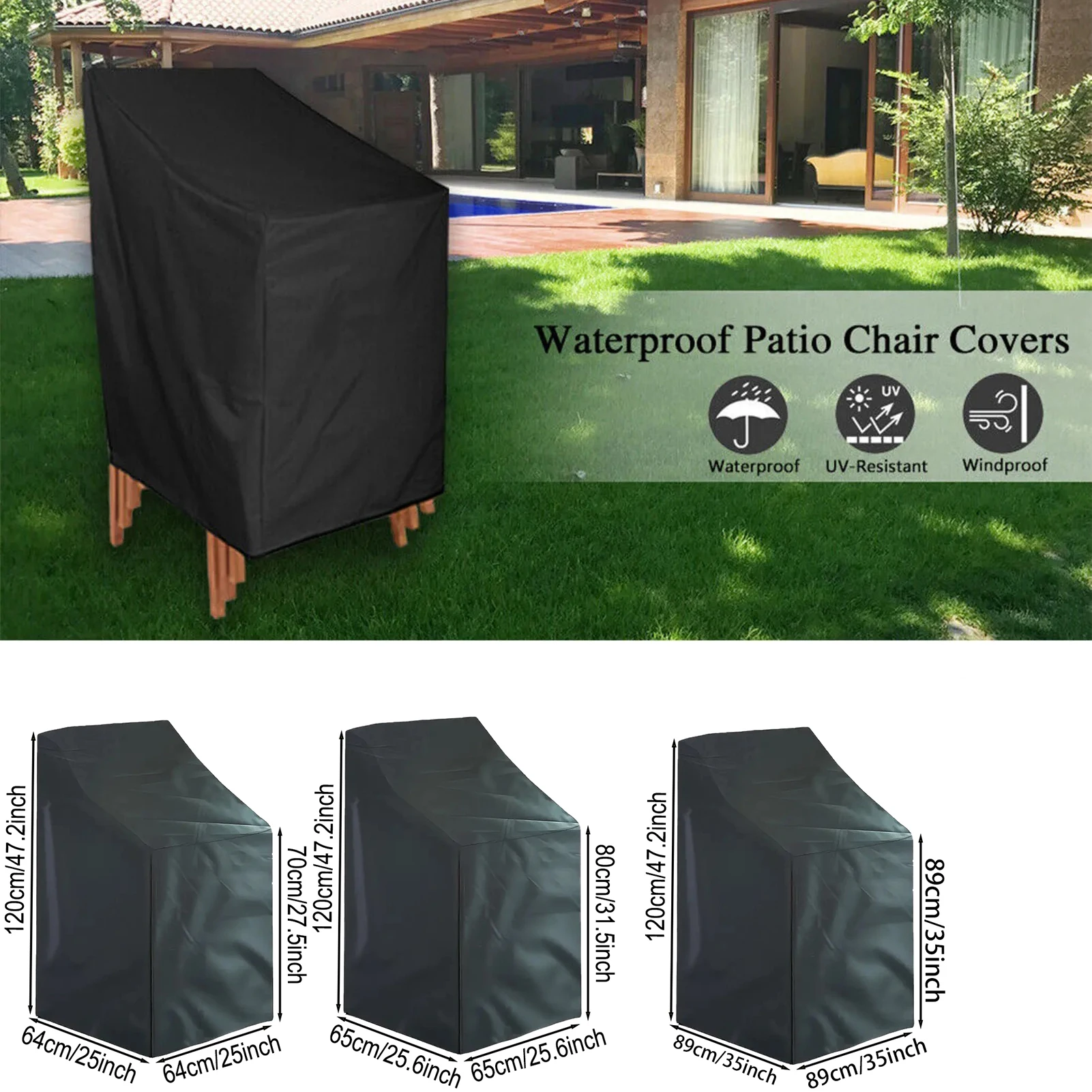 210D Oxford Wasserdichter Outdoor-Stuhlbezug, Schwarzer Terrassenstuhl- & Fußhockerbezug, Großer Wetterfester Möbelschutz Image