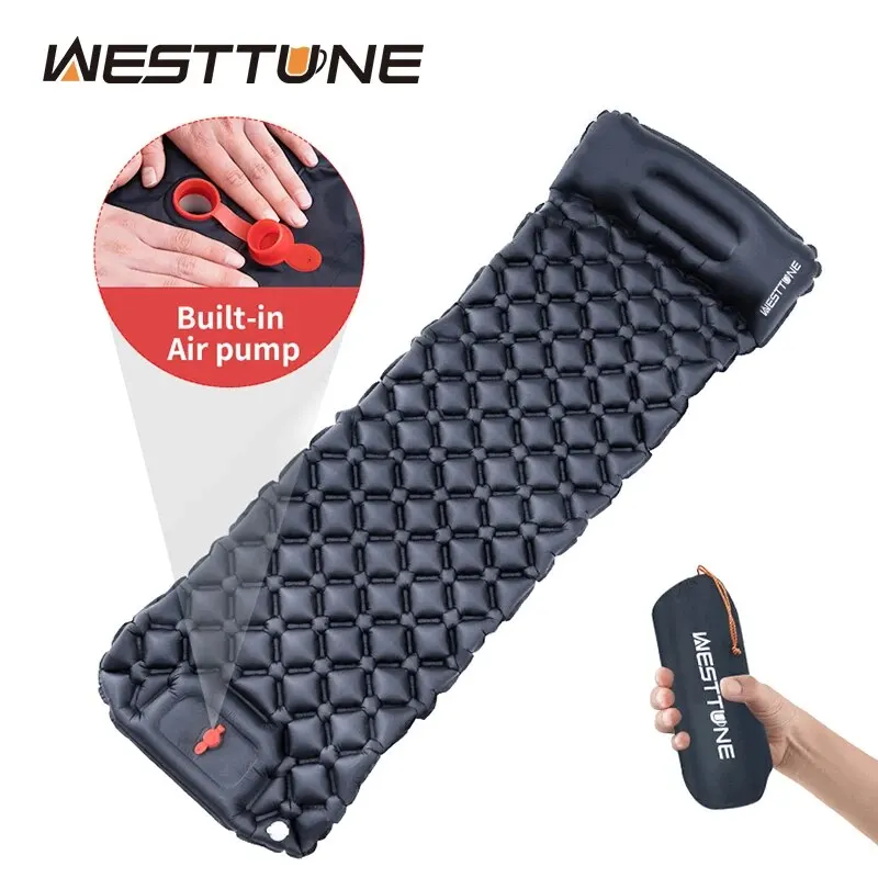 WESTTUNE Camping-aufblasbare Matratze, ultraleichte Outdoor-Isomatte mit Kissen, integrierte Pumpen-Luftmatte für Rucksackreisen, Wandern Image