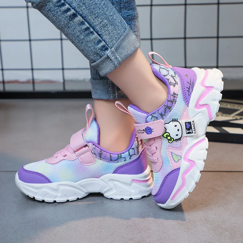 Kinder Casual Schuhe Turnschuhe Mesh Cartoon Katze Frühling Schuhe Für Mädchen Atmungsaktive Klett Anti-rutsch Lila Rosa Schuhe Größe 26-38