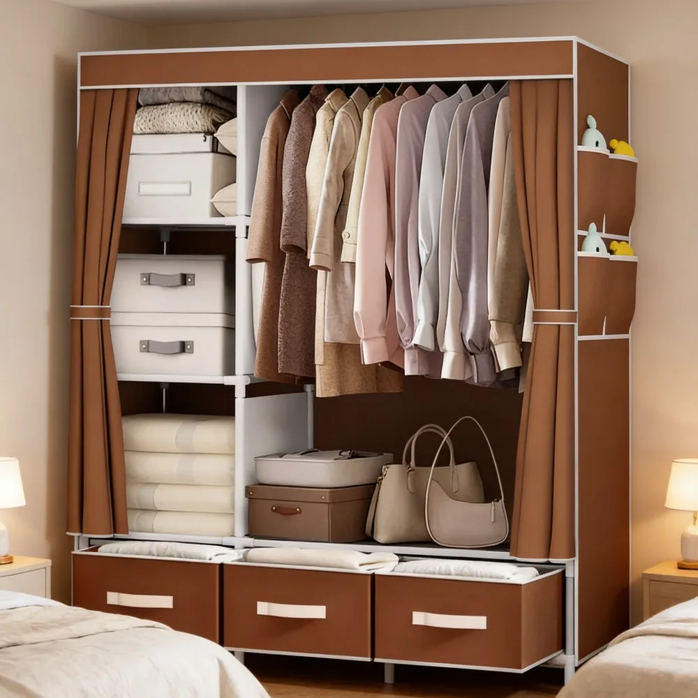 65 Zoll Canvas-Stoff-Kleiderschränke Großer Tragbarer Kleiderschrank Schlafzimmer Staubdichter Aufbewahrungsschrank Kleiderschrank mit Schubladen