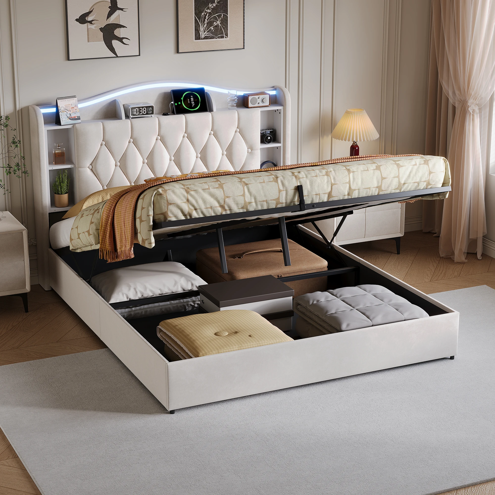 Anajqaqia 140/160x190/200 cm großes Doppelbett, Jugendbett, modernes Multifunktionsbett, LED-Streifen und kabelloses Laden, Bett aus Leinenstoff, Grau Image