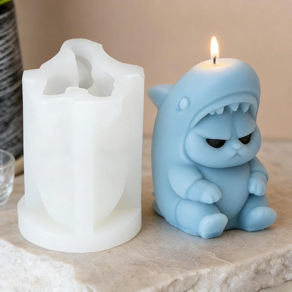 Kawaii Hai-Katzen-Silikonform für Kerzen, 3D Grumpy Cat im Hai-Kostüm Seifen- und Harzform, Virale DIY-Bastelform für Heimdekoration und Geschenke Image