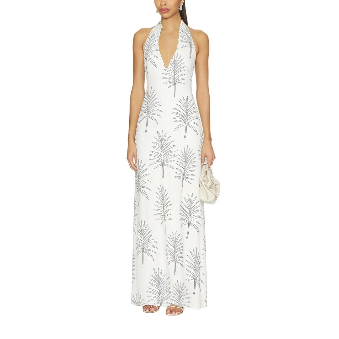 Abito lungo estivo casual da donna con stampa digitale minimalista a foglie di palma scollo all'americana linea ad A senza maniche e scollo a V profondo