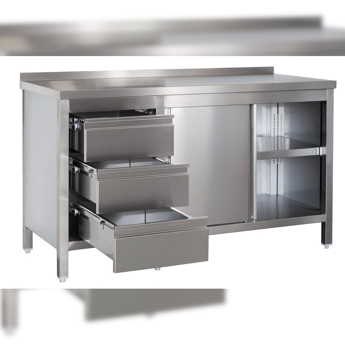 Gastro Arbeitsschrank mit Grundboden, Schiebetüren, Schubladen, Aufkantung & Zwischenboden Chromstahl (BxT) 2000 x 800 mm Image