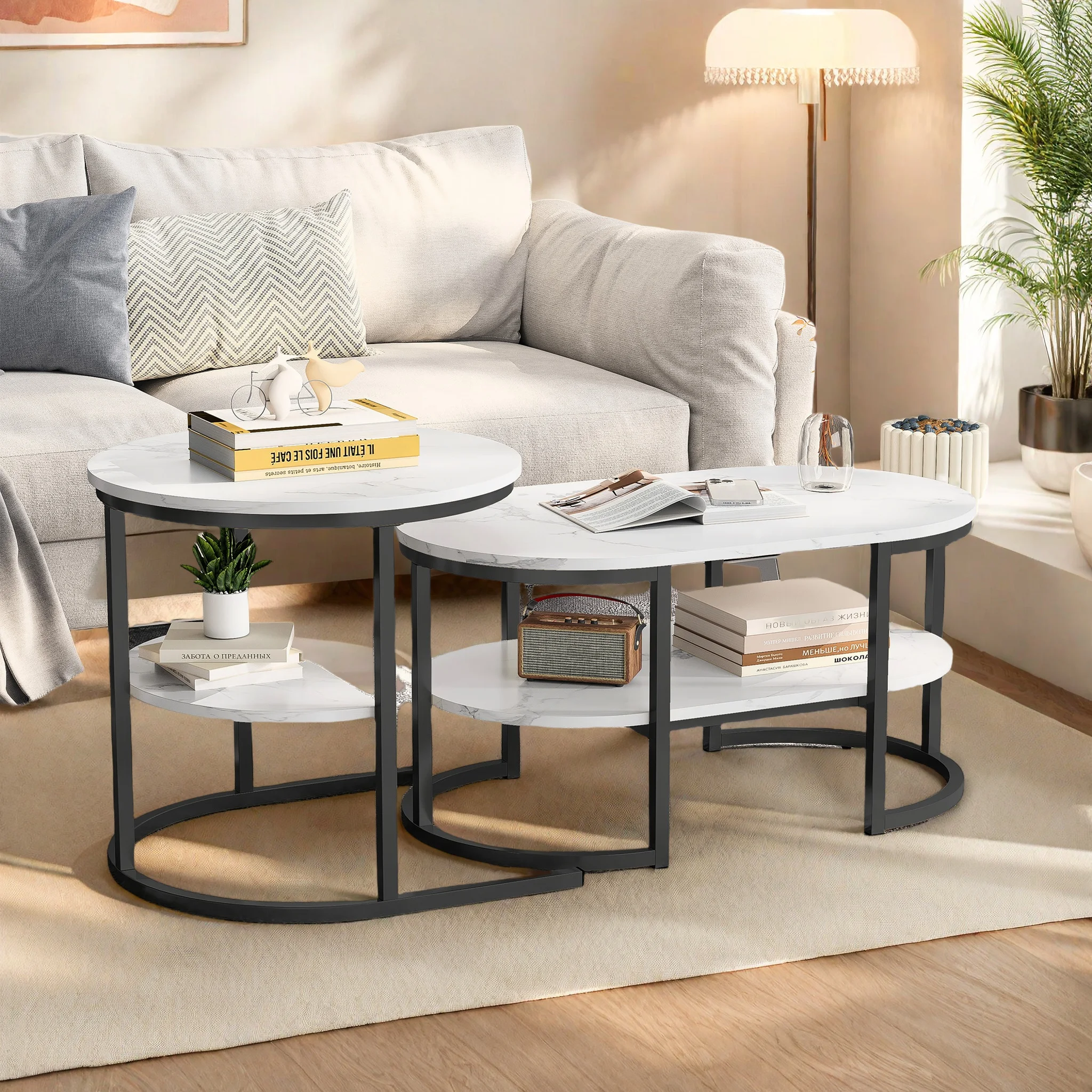 Comanlai Couchtisch-Set mit 2 Tischen, Moderner Sofatisch, 2-in-1 Wohnzimmertisch mit Stauraum, Beistelltisch-Set mit Metallrahmen Image