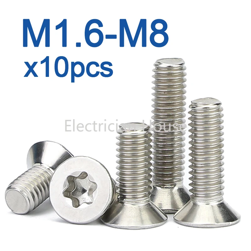Boulon à tête fraisée plate Torx à Six lobes, 10 pièces/lot, M1.6 M2 M2.5 M3 M4 M5 M6 M8 304 A2-70 en acier inoxydable GB2673