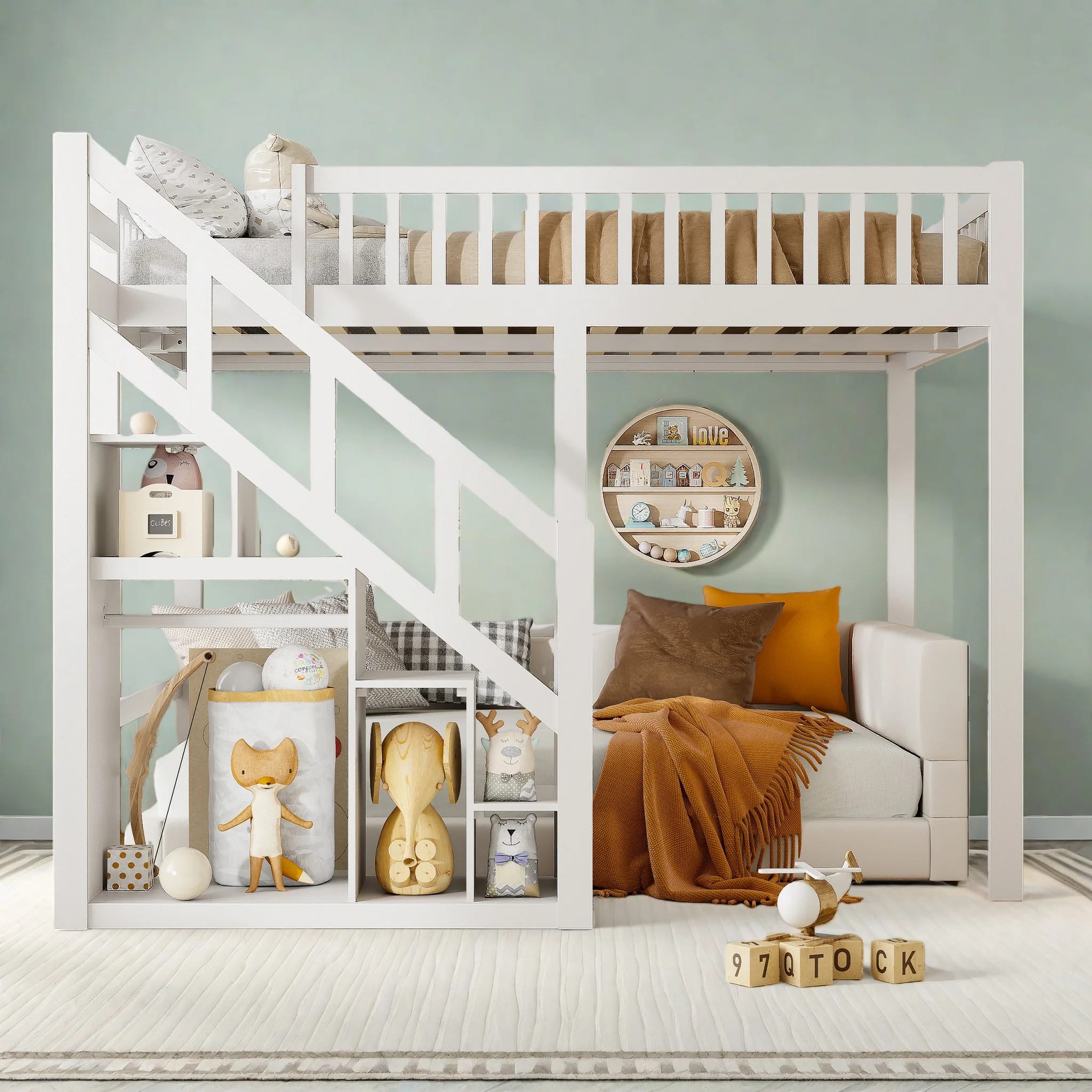 Rosahqnda Etagenbett 140x200 cm Kinderbett mit Lattenrost, Ablageregal und Treppe, Holz-Kinderbett mit einfachem Kleiderschrank Image