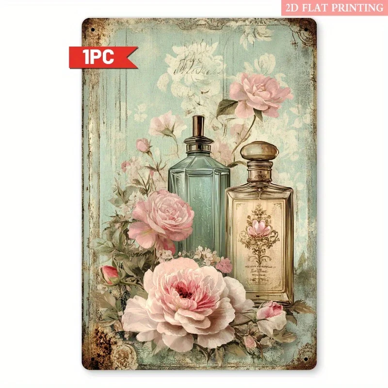 Vintage 2D Flaches Shabby Chic Rosa Pfingstrosen- & Parfümflaschen-Retro-Blechschild – Elegante florale Metall-Wanddekoration für Badezimmer, Waschtisch &