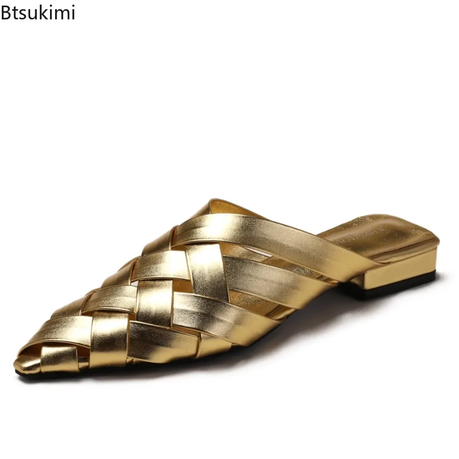 Damen Spitze Pantoletten mit Niedrigem Absatz Sommer 2026 Mode Geflochtene Slides Mules Größe 35-43 Damen-Sandalen Outdoor-Schuhe Zapatos De Mujer