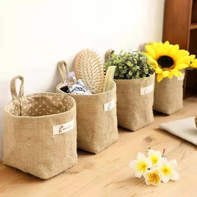 Hängende Aufbewahrungstasche aus Stoff, Jute, Schreibtisch-Aufbewahrungseimer, Heimbüro-Organizer, Blumentopf, kleiner Sack, Badezimmer, Küche, Korb