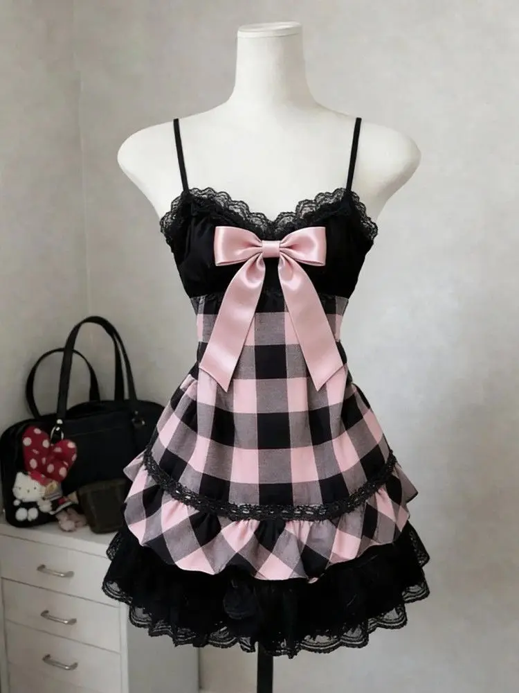 Sexy Kleider Schlankes Vintage Y2k 2000er Rückenfreies Kariertes Punk-Trägerkleid Goth Sommer Kurzer Rock Schleife Damenkleidung Hot Girl Emo Chic