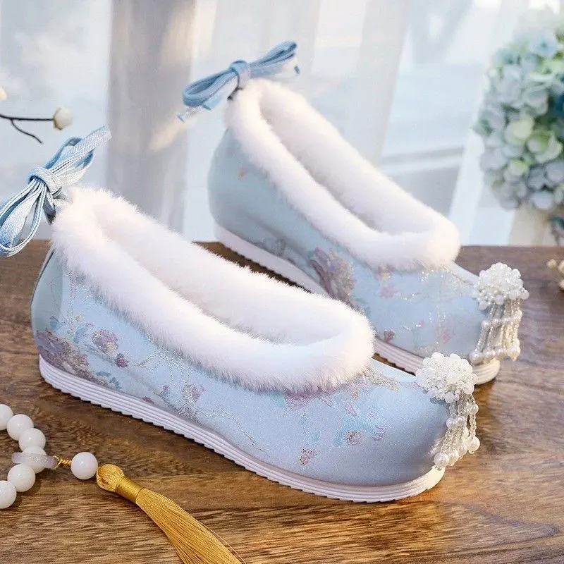 Winter Hanfu Schuhe Frauen Chinesische Peking Tuch Schuhe Vintage Stickerei Spitze Schuhe Warm Weiß Schwarz Lila Blau Hanfu Schuhe