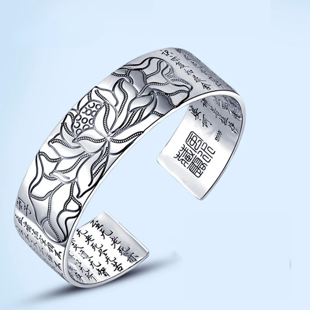 925 Sterling Silber Neue Damen- und Herren-Modeschmuckstücke Retro Lotus-Gravur Buddhistisches Sutra Segen-Armband
