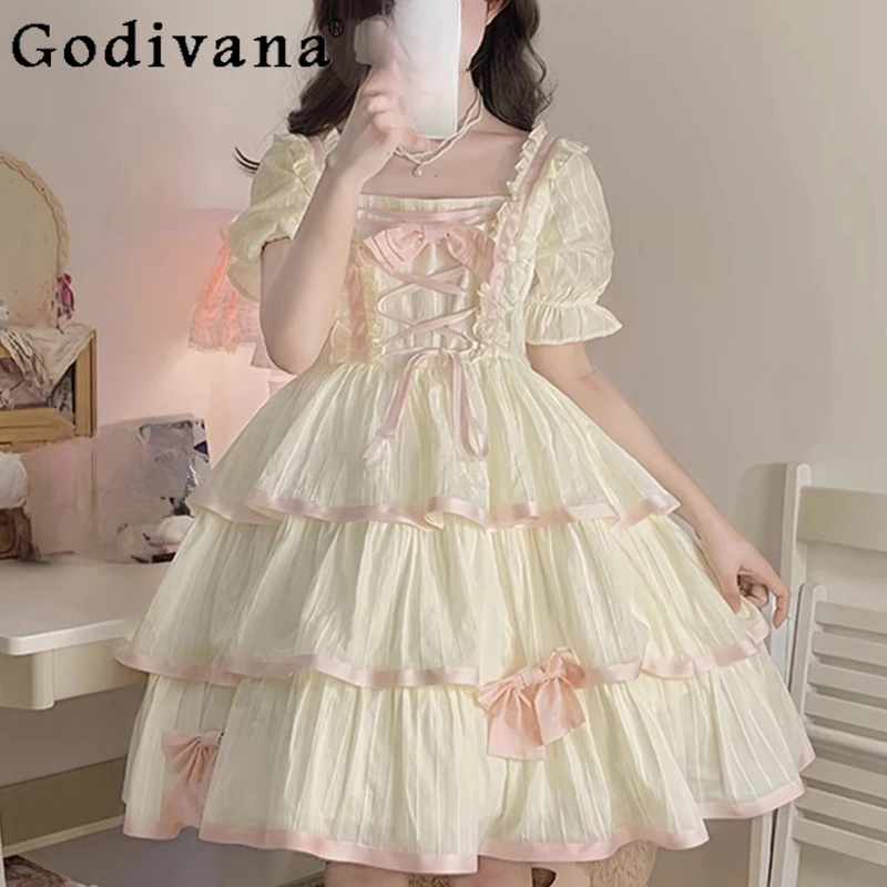 L-4XL Große Größe Schnürung Schleife Kurzarm Lolita Süße Prinzessin Kleid Mädchen Sommer Hohe Taille Aprikose Rosa A-linie Kuchen Kleider